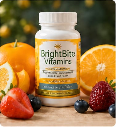 BrightBite Vitamins bottle surrounded by oranges and berries
