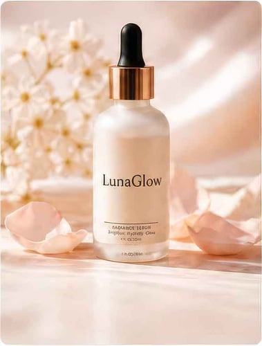 LunaGlow radiance serum bottle styled with flower petals
