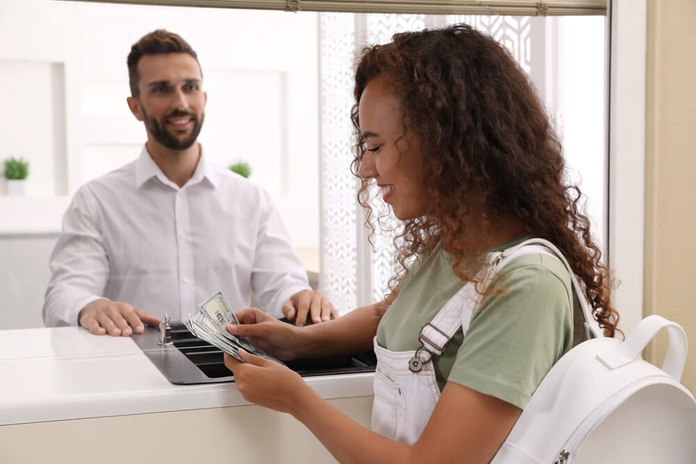 Bank customer returning to bank.